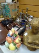 VARIOUS METALWARE including pewter tankards, brass candlesticks, vintage cameras, etc
