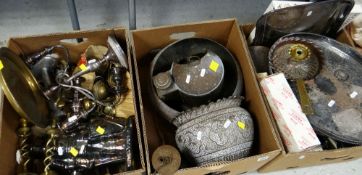 THREE BOXES OF VARIOUS METALWARE including EPNS trays, candelabra, copper planters etc