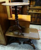 AN ANTIQUE OAK CIRCULAR TOPPED TRIPOD TABLE with barley-twist support, together with an oak twin