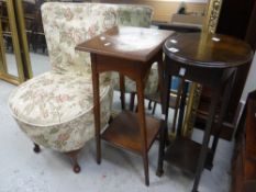 A SMALL UPHOLSTERED TUB-STYLE BEDROOM CHAIR, together with two vintage planter stands
