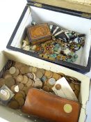 A VINTAGE MOTHER-OF-PEARL INLAID BOX containing an assortment of costume jewellery etc. together