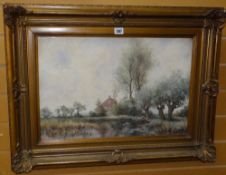 JAN VAN RHIJNNEN watercolour - landscape with farmhouse, pond, ducks and trees, signed, 35 x 55cms