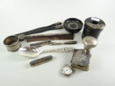 A TIN OF SILVER/PART SILVER ITEMS to include napkin ring, comb, glove stretchers, Bible, walking