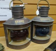 MASTHEAD LAMPS being a pair of vintage copper and brass and coloured glass nautical starboard and