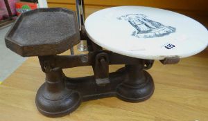 VINTAGE SCALES having circular ceramic tile with Latin banner 'Justitia Et Fides'