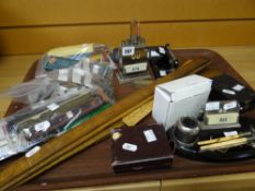 AN ASSORTMENT OF VINTAGE OFFICE STATIONERY including two calendars, various old wooden rulers,