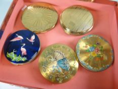 FIVE VARIOUS VINTAGE LADIES' COMPACTS with painted or engine-turned decoration