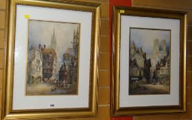 H MONTAGUE watercolours, a pair - Continental town scenes with figures and cathedrals, signed, 38