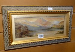 EILEEN INGLETS oil on panel - Scottish highland scene in soft light with lake, signed, 10.5 x 28cms