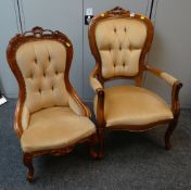 PAIR OR REPRODUCTION LADIES AND GENTS' BUTTON BACK FIRESIDE TYPE CHAIRS (2)