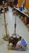 COLLECTION OF METAL & CERAMIC PLANTERS together with an ornate brass telescopic standard lamp ETC