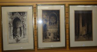 ANDREW AFFLECK etchings, a pair and another - each of historical architectural scenes including