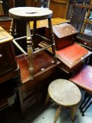 VINTAGE OAK CABINET WITH LIFT TOP, two stools