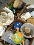 FOUR BOXES OF MIXED CHINA AND GLASS including wall pockets, large planter, cake stands etc.