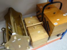 TWO WOODEN SEWING BOXES & A WOODEN MAGAZINE RACK