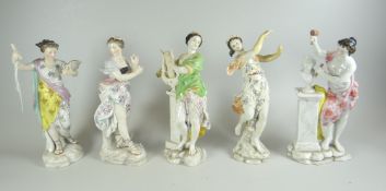 FIVE CONTINENTAL PORCELAIN FIGURINES including a standing female lute-player, believed by