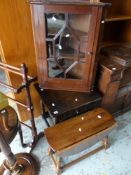 SMALL ANTIQUE HANGING CORNER CABINET with glazed top together with two small oak tables