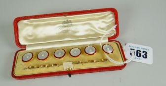 DRESS STUDS a very fine cased set of six dress studs in 15ct yellow gold, mother-of-pearl, and
