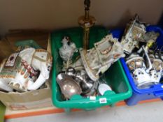 THREE BOXES OF VARIOUS CHINA & GLASSWARE including Portmeirion, small elephant stool etc