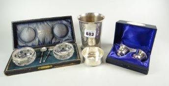 SILVER - small parcel to include cased pair of silver salts and spoons, silver tapering beaker
