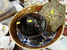 A BROWN-WESTHEAD MOORE & CO HAND PAINTED BOWL together with a copper & brass twin-handled pan etc