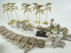 A PARCEL OF SMALL COLLECTABLES including set of eight yellow metal leaping deer menu holders, a