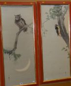 CHINESE SCHOOL pair of watercolours on silk (believed) - a busy woodpecker and a perched owl,