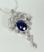 WHITE METAL DIAMOND AND SAPPHIRE HEART SHAPED PENDANT ON SILVER CHAIN. 10.4 grams approximately.