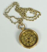 18K YELLOW GOLD ENGRAVED FANCY FOB WATCH TOGETHER WITH 9CT GOLD LOOP CHAIN. 42.8 grams overall