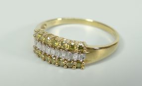 9CT YELLOW GOLD THREE ROW YELLOW AND WHITE DIAMOND RING. 1.9 grams approximately. Condition