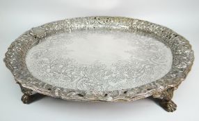 VICTORIAN LARGE SILVER CIRCULAR TRAY HAVING PIERCED VINE AND MASK BORDER, engraved cartouche