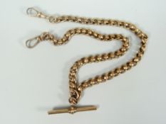 9CT YELLOW GOLD DOUBLE ALBERT POCKET WATCH CHAIN with central T-bar. 44.5 cm long, 43.6 grams