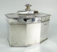 GEORGE V SILVER TEA CADDY OF CHAMFERED RECTANGULAR FORM. Sheffield 1929, James Dixon & Sons, 14 cm