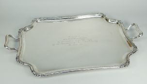 GEORGE V LARGE SILVER TWO-HANDLED TRAY with presentation inscription 'Presented to Mr & Mrs W Ross