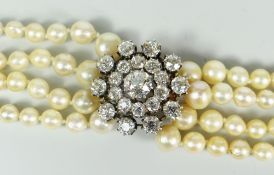 A SUPERB FOUR ROW PEARL, DIAMOND & AMETHYST CHOKER the amethyst fastener centred with a pearl and