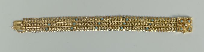 PORTUGUESE YELLOW GOLD BRACELET SET WITH TURQUOISE STONES AND SEED PEARL. stamped 