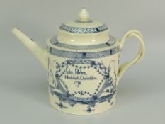 AN EIGHTEENTH CENTURY CREAMWARE OVERSIZE TEAPOT decorated with underglazed blue landscape decoration
