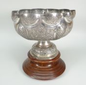 BELIEVED INDIAN SILVER PEDESTAL BOWL OF LOBED FORM and overall decorated with fish, animals, flowers