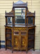 AN EDWARDIAN INLAID ROSEWOOD MIRRORED SIDE CABINET, the triple mirror top with shelf detail, pierced