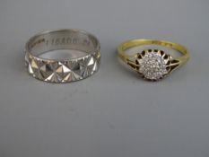 TWO EIGHTEEN CARAT GOLD RINGS, ring size 'O' with diamond cluster setting on yellow and ring size '