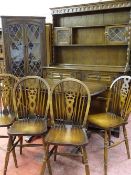 A PRIORY STYLE DINING ROOM SUITE comprising cupboard top dresser, standing corner cupboard with
