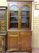 A WELL PRESENTED CIRCA 1900 MAHOGANY BOOKCASE CUPBOARD with arched decorated cornice over twin eight