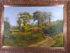 J WILSON HEPBURN oil on canvas - wooden gate and track with farmland to background, signed, 59 x