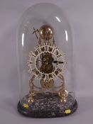 A LATE 19th CENTURY BRASS SKELETON CLOCK, single fusee bell strike movement behind a pierced white