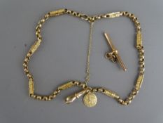 A VICTORIAN NINE CARAT GOLD ALBERT with fancy links, clip, St Christopher pendant and T-bar (has