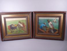 VAL POWNAL (1917-1981) oils on board, a pair - 'Pram Race', two figures and child with a pram,