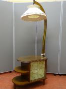 AN ART DECO STYLE WALNUT SIDE TABLE incorporating a mini cocktail cabinet and standard lamp with