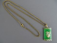 A FOURTEEN CARAT GOLD RECTANGULAR JADE PENDANT on a modern nine carat gold necklace, 29 cms long