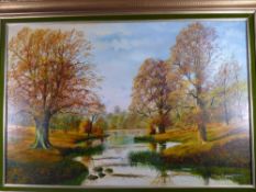 J WILSON HEPBURN oil on canvas - autumnal lakeside landscape, signed, 60 x 90 cms