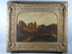 PATRICK NAYSMITH 1829 oil on canvas - figures on a path near a rickety bridge and thatched